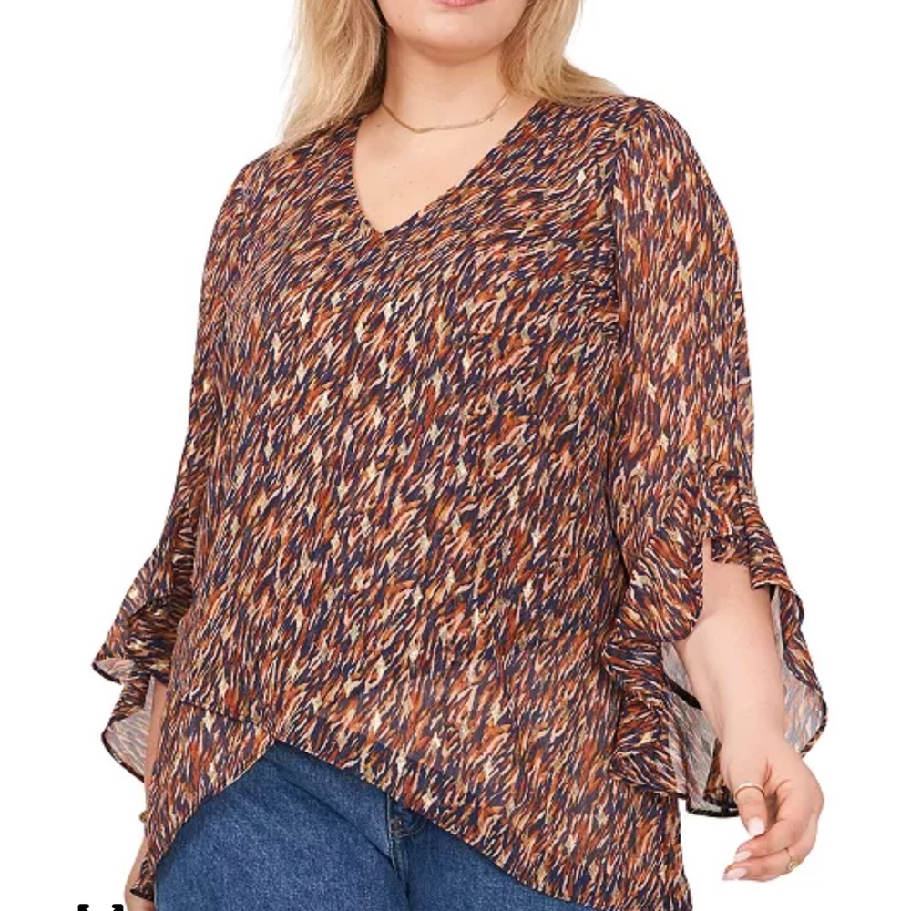 🌼 Vince Camuto Multicolor V-Neck Blouse with Flared Sleeves